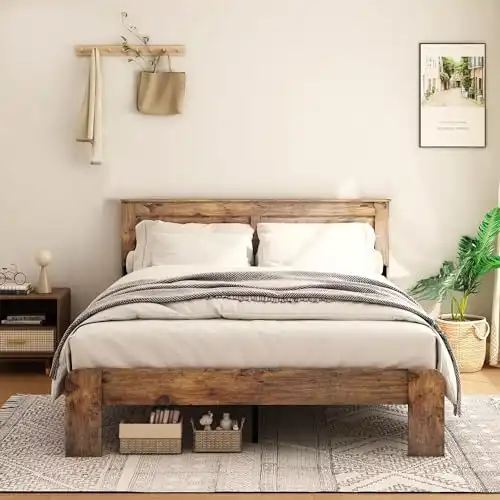 NNOOTK King Size Bed Frame, Rustic Vintage Platform Bed Frame with Wood Headboard and Footboard, 12 Wood Slats Support, No Box Spring Needed (Dark Brown, King)