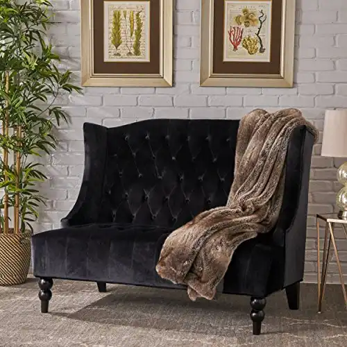 Christopher Knight Home Leora Modern Glam Tufted Velvet Wingback Loveseat, Black / Dark Brown