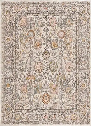 BoutiqueRugs Herstmonceux Boho Vintage Colorful Area Rug - Farmhouse Traditional Floral Pink Carpet for Living Room, Bedroom, Dining Room - Cream, Green, Sage, Red, Gray, Taupe, Pink - 5'2" ...