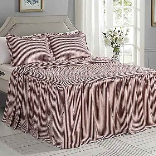 CHIXIN Ticking Stripe Ruffle Skirt Bedspread Cal King Size - 30" Long Drop, Shabby Chic Style, Lightweight Bedding Cover, 3 Piece Set, Red