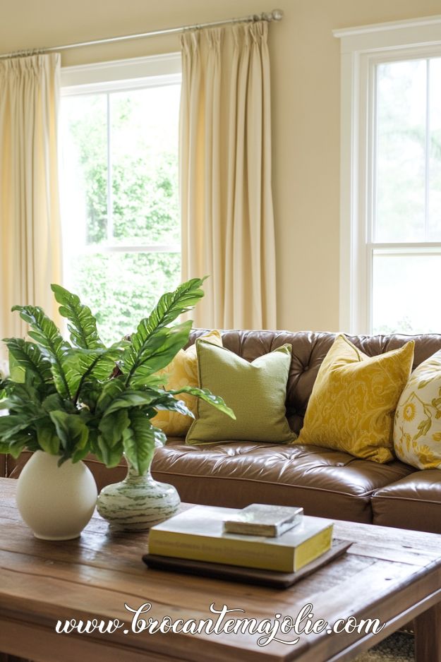 cozy spring living room brown couch