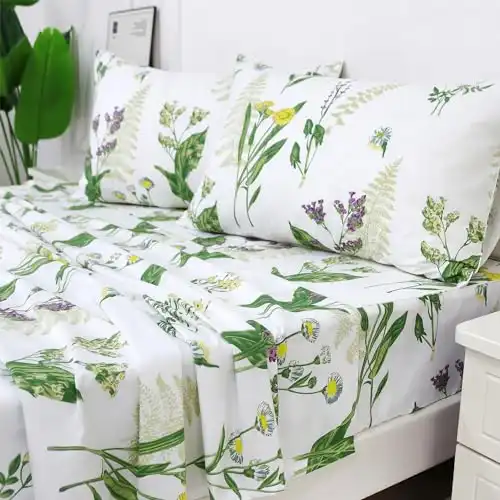 FADFAY Queen Sheet Set Premium 100% Cotton Green Floral Bed Sheets Botanical Bedding, Lavender Leaf Daisy Printed White Deep Pocket Sheets Soft Shabby Spring Sheets Pillowcases Set 4 Pcs, Queen