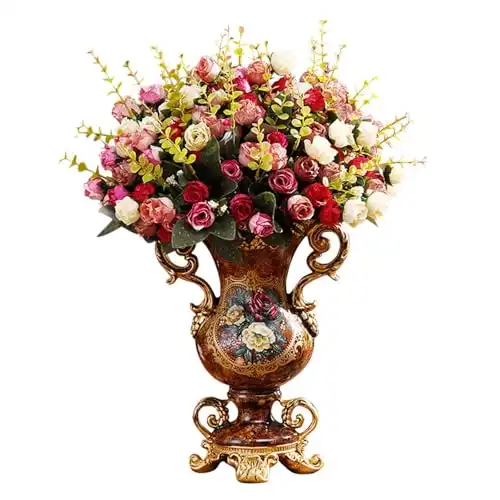 BULUXE Artificial Vintage Flower Arrangement Vase Set European Golden Resin Vase Fake Flower Decor Wedding Party