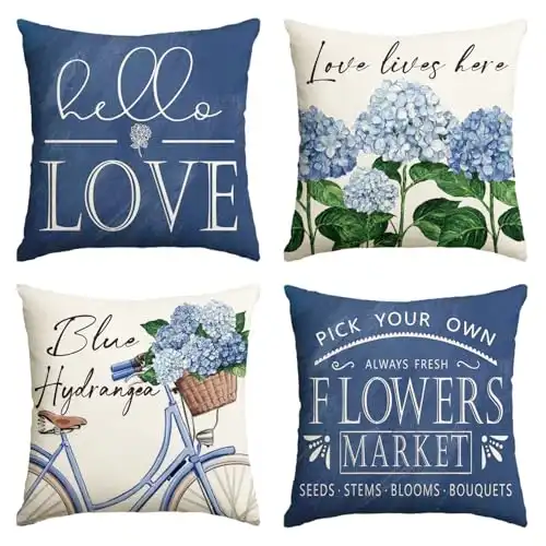 AVOIN colorlife Hello Love Blue Hydrangea Bicycle Throw Pillow Covers, 18 x 18 Inch Flowers Summer Spring Mother's Day Cushion Case for Sofa Couch Set of 4