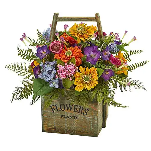 Nearly Natural Mixed Floral Artificial Arrangement in Wood Basket