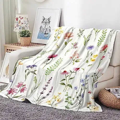 Tupmnbry Wildflowers Throw Blanket Botanical Floral Printed Blanket Super Soft Flannel Throw Blanket Lightweight Fluffy Plush Fuzzy Bed Blanket for Bedding Sofa and Travel 50"X60"