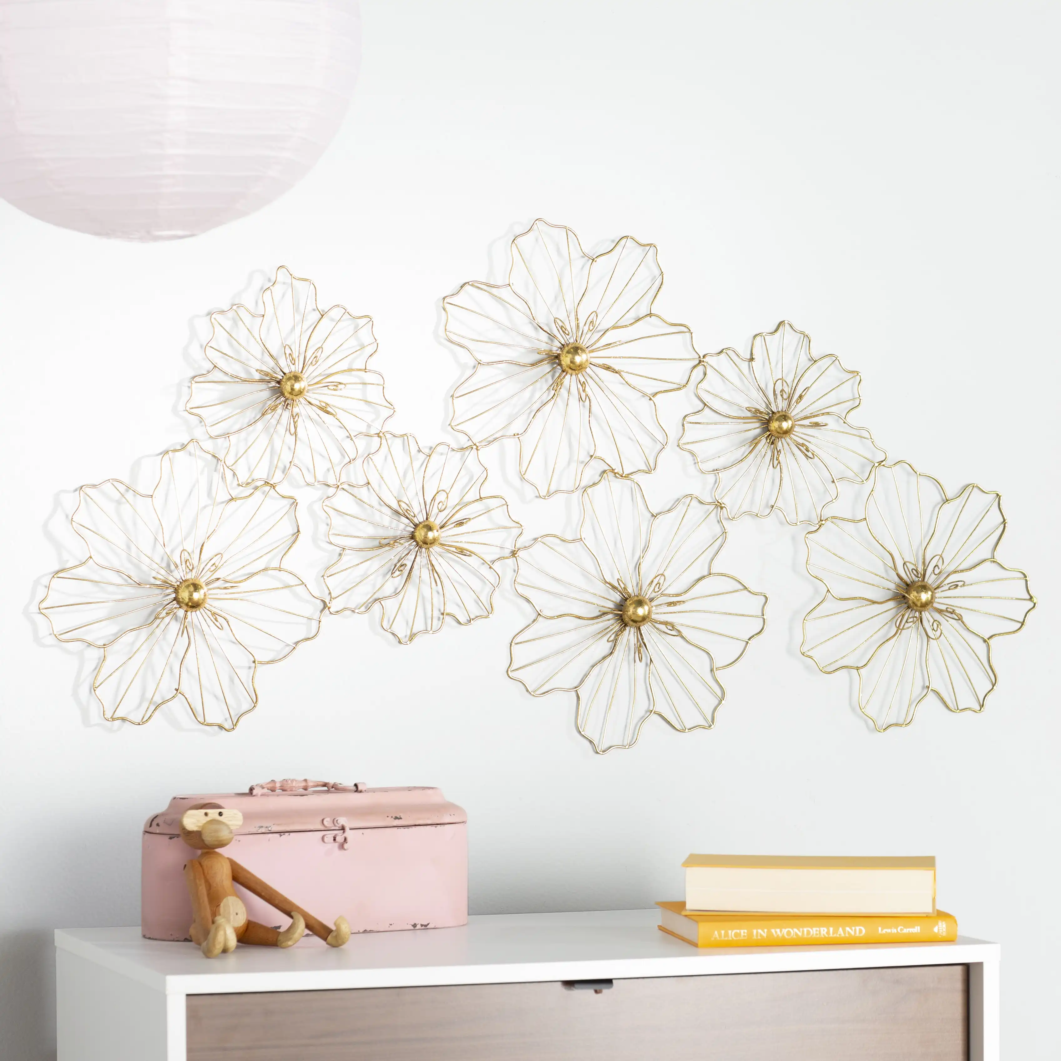 Metal Wire Foiled Floral Home Wall Decor with Scroll Accents