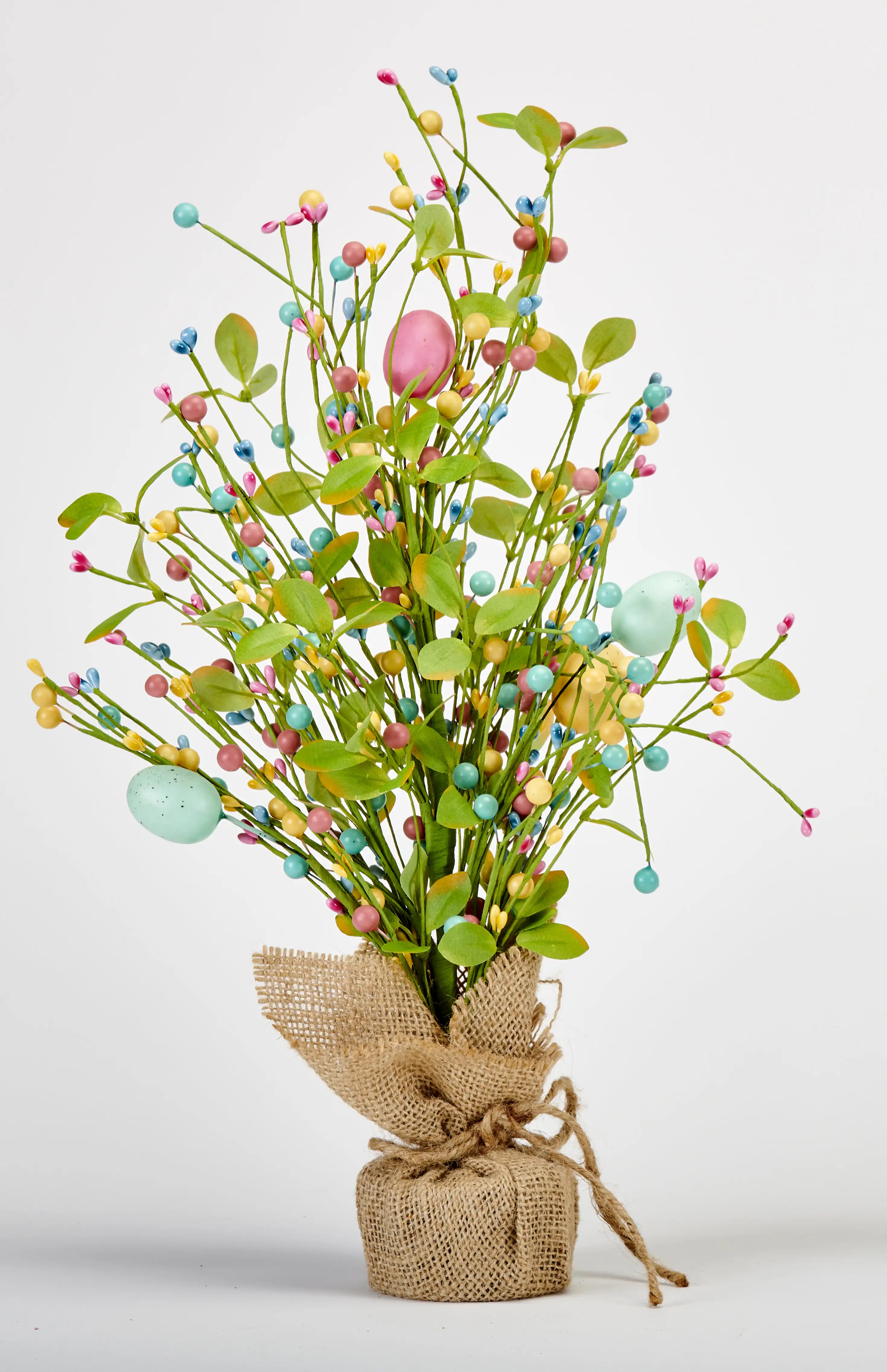 The Holiday Aisle® 18" Easter Eggs, Berries & Green Leaves Tree in Burlap Sack | Wayfair