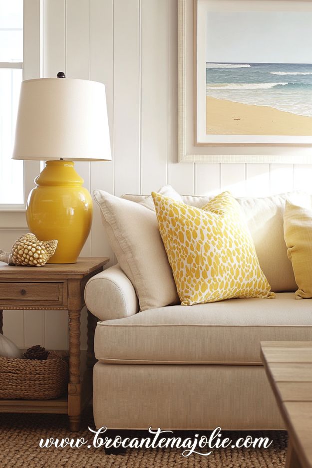 coastal decor in living room yellow touch