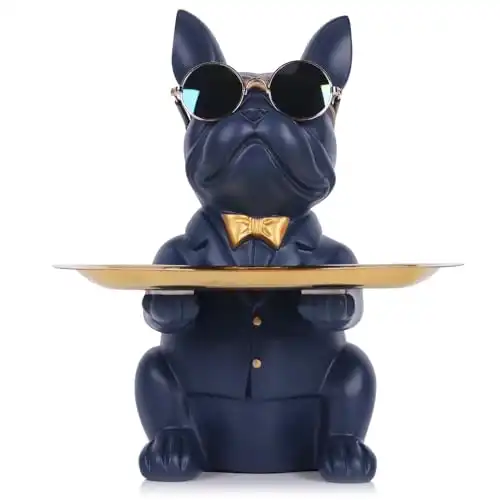 QIANLING Modern Decor Resin Navy Blue Bulldog Tray Statue Tray Storage Key Holder Candy Jewelry Earrings Tray Suitable for Home Decor Modern Art Dining Table Decor Office Small Object Tray