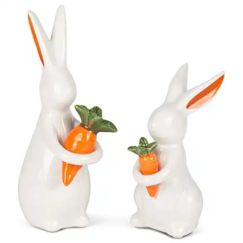 White Bunny Holding Orange Carrot 2.5 x 6.75 Clay Decorative Figurine Set 2