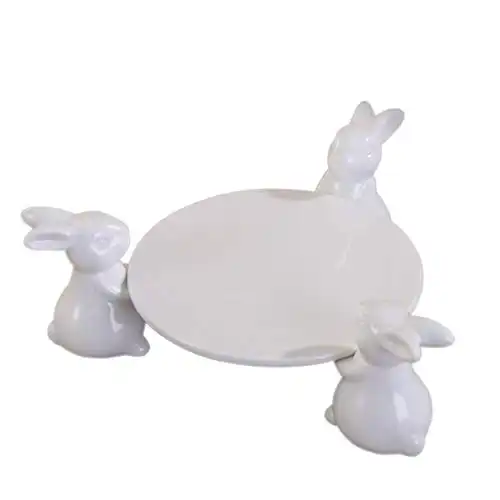 DOITOOL Bunny Rabbit Ceramic Plate, Easter Cupcake Stand Ceramic Dessert Serving Plate for Weddings, Parties and More, Bunny Candy Dish, Large 12 Inch White