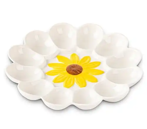 YU&CH Ceramic Deviled Egg Platter Sunflower Deviled Egg Tray Deviled Egg Plate White Devil Egg Tray For Party Deviled Egg Container