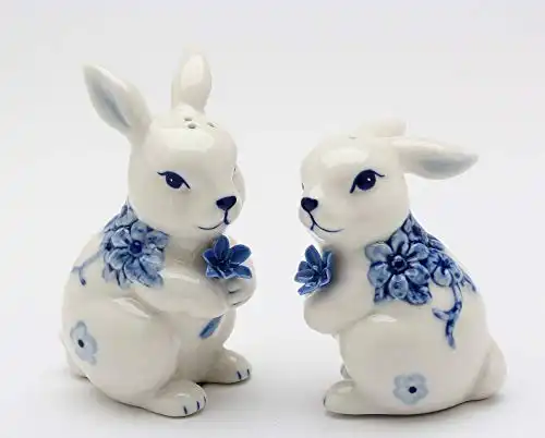 Fine Ceramic Hand Painted Classic Dutch Blue and White Bunny Rabbit Holding Blue Flowers Salt & Pepper Shakers Set, 3-3/8" H