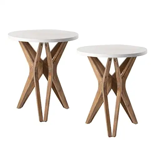 LONYKE Pedestal Farmhouse End Table Set of 2, Distressed Top with Tripod Base Bedside Table for Living Room, Modern, Boho Decor, Round (2-Pack, White & Walnut)