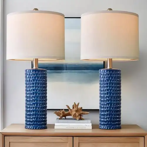 PORTRES 24.75" Modern Accent Ceramic Table Lamp Set of 2 for Bedroom Desk Decor Bedside Lamps for Living Room Study Room Office Dorm Farmhouse Nightstand Lamp End Table Lamps (Blue)