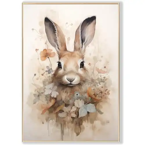 Watercolor Rabbit Wall Art Bunny with Flowers Picture Funny Baby Animal Paintings Bunny Rabbit Canvas Wall Art Bunny Nursery Print Cute Animal Bunny Pictures Watercolor Bunny Print 16x24inch No Frame