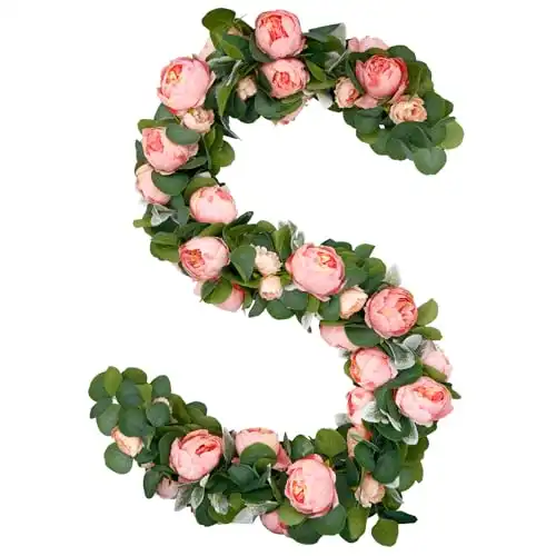 VIKINGS PANDA 6Pcs 37Ft Fake Peonies Artificial Flowers Real Touch Peony Garland Eucalyptus Greenery Vine for Outdoor Hanging Wedding Arch Home Decor Wall Backdrop Party (Deep Pink)