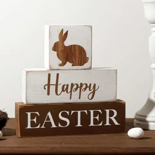 Easter Decorations for The Home: 3 pcs Rustic Wood Bunny and Block Table Centerpiece Signs White, Farmhouse Outdoor Bunny Easter Decor Tiered Tray Decor, Vintage Happy Easter Decorations