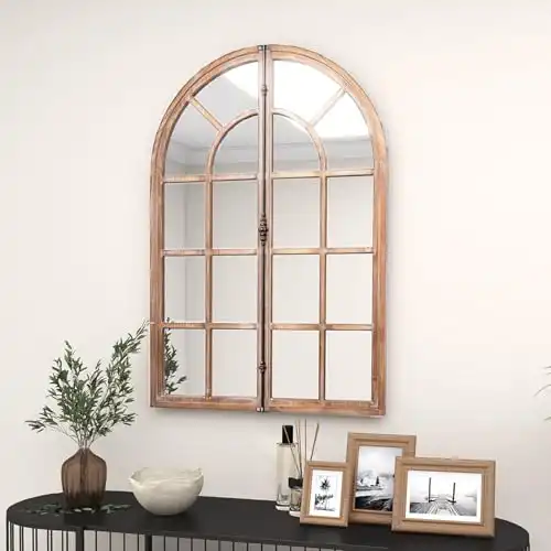 CHARMAID Farmhouse Arch Wall Mirror - 34"x24" Arched Window Pane Mirror, Rustic Wood Framed Wall Mounted Mirror, Hanging Windowpane Mirror Wall Decor for Bedroom Bathroom Entryway Living Roo...