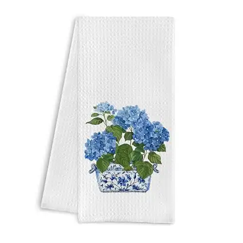 Qpenm Blue and White Chinoiserie Kitchen Towels 16x24 Inches - Chinoiserie Decor, Blue Hydrangea Floral Dish Towels for Kitchen, Blue and White Decorative Hand Towels for Bathroom Kitchen