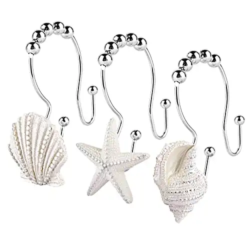 Decorative Shower Curtain Hooks,FINROS 12 Pcs Seashell Double Glide Shower Curtain Hooks for Bathroom and Living Room (White Seashell)