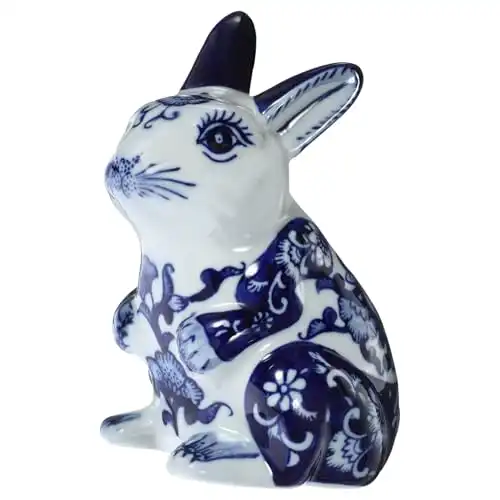 GANAZONO Blue and White Ceramic Rabbit Figurine Chinese Zodiac Rabbit Statue Bunny Animal Sculpture for New Year Home Table Decor