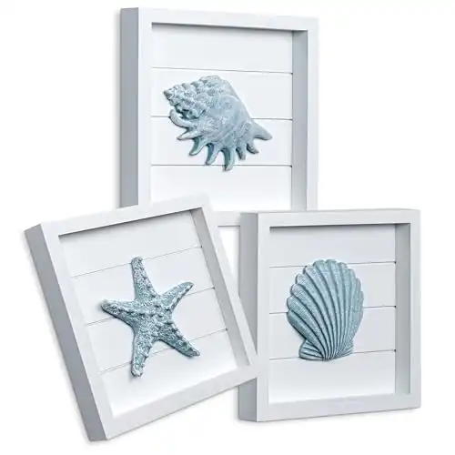 TideAndTales Blue Seashells and Starfish (Framed Set of 3) Coastal 3D Wall Art, Beach Wall Decor for Bathroom or Coastal Bedroom, Ocean Inspired Beach Decorations for Home or Beach House (7"x7&am...