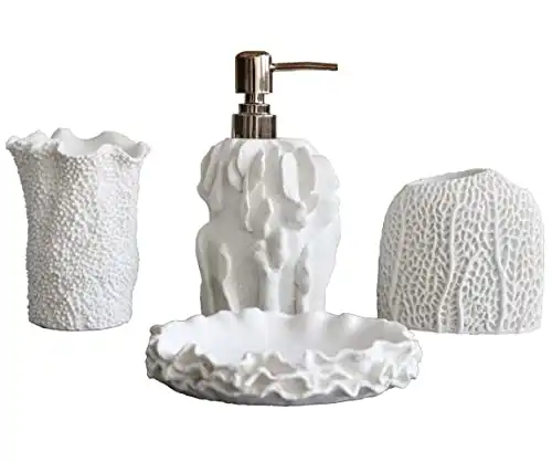 Hymmah Bathroom Accessories Set,Coral Seashell Design Toothbrush Holder,Farmhouse Bathroom Decor,4 Pcs Resin Gift Set Apartment Necessities, Contain Toothbrush Cup,Soap Dispenser,Soap Dish,Tumbler