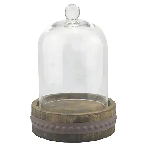 Stonebriar12Inch Clear Glass Dome Cloche with Rustic Wood and Metal Base, Antique Bell Jar Display Dome, Display Succulents, Keepsakes, Decorative Fill, Wedding Bouquets,Photos, and More, Brown, Large