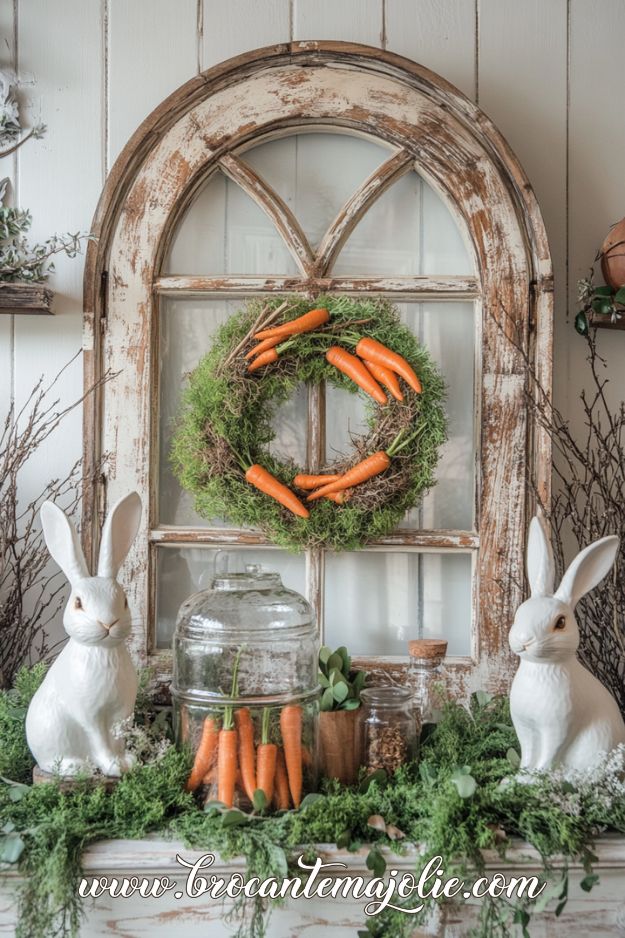 easter mantel fireplace with bunnies and carrots