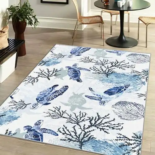 Coastal Rug Nautical Rug for Bedroom Living Room, Soft Low Velvet Carpet, Washable Beach Rug Ocean Rugs Beach Area Rug Modern Blue Sea Turtle, 5x7