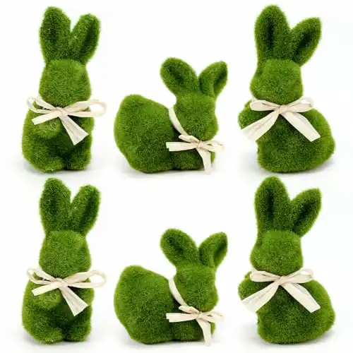 Nature Vibe 5 Inches Moss Bunny Easter Home Decor, Set of 6 Artificial Moss Easter Bunny Decor for Easter Decorations,Cute Bunny Figurines as Spring Decor