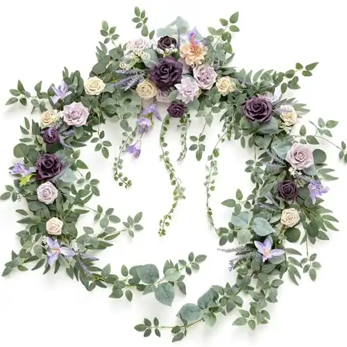 Ling's Moment 9FT Eucalyptus and Willow Leaf Garland with White Flower, Handcrafted Wedding Sweetheart Table Centerpieces Head Table Decor Arch Backdrop Decorations for Wedding | Lavender Purple