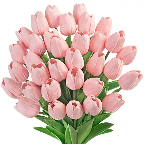 Ouddy Decor 30 Pcs Artificial Tulips Flowers Fake Tulips PU Real Touch Faux Flowers Bouquet for Room Table Office Party Wedding Home Decorations, Pink