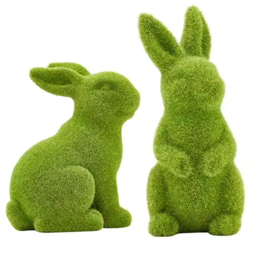 Easter Bunny Decorative Ornament Garden Decoration Artificial Green Moss Rabbit Sculpture Easter Decoration Party Gifts Baking Table and Home Decoration (Small 2PCS Standing+Sitting)