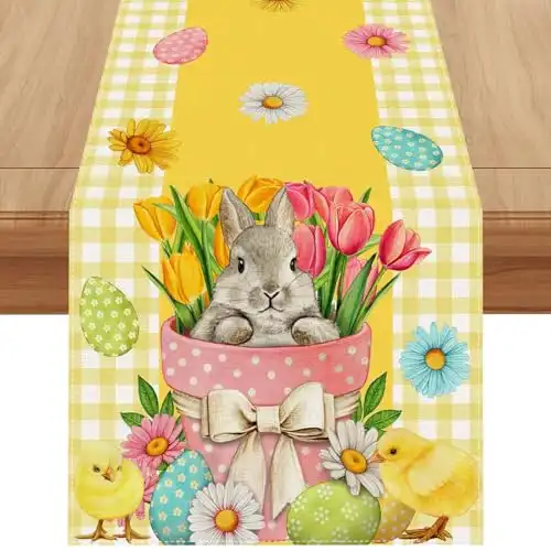 Linen Yellow and White Buffalo Check Plaid Easter Table Runner 72 Inches Long Easter Egg Bunny Chick Daisy Tulip Floral Table Decor Spring Summer Easter Home Kitchen Dining Room Table Decorations