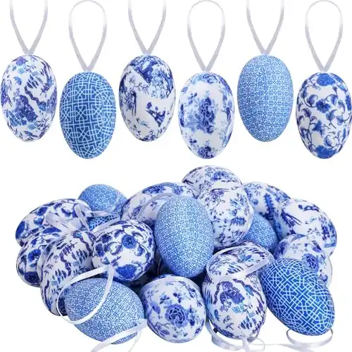 Wenqik 24 Pcs Easter Hanging Egg Chinoiserie Blue and White Easter Egg Ornament Easter Tree Ornament Chinoiserie Easter Egg Easter Decoration for Tree Easter Party Spring Basket Filler Home Decoration