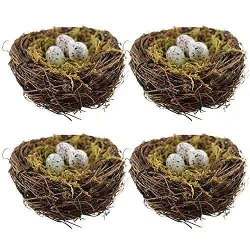 YEUQWJ Artificial Birds Nest, 4PCS Crafts Handmade Natural Easter Birds Nest Rattan Birds Nest for Garden Yard Home Party Easter Decor Contains 12 Artificial Bird Eggs&4 Packs of Moss