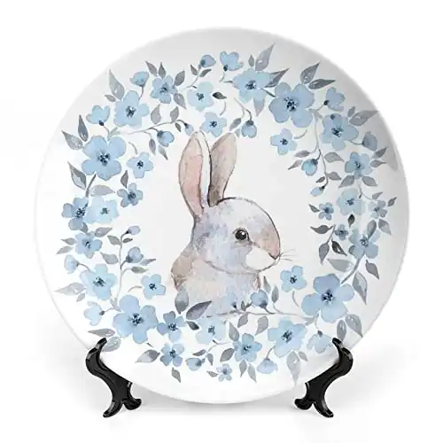 XISUNYA 6 Inch Decorative Plate, Country Ceramic Craft, Bunny Rabbit in Floral Wreath Print Ceramic Display Plate for Decorative Ornaments Giving Plates, 1 Plate with 1 Display Stand, Blue Grey White