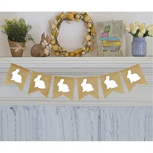 Partyprops Easter Burlap Bunny Garland | Burlap Rabbit Garland Banner | Easter Decorations | Rustic White Bunny Garland for Mantle