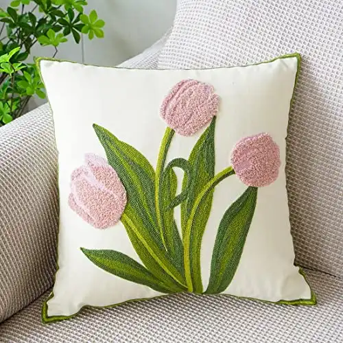 vctops Farmhouse Tulip Cotton Tufted Throw Pillow Cover Spring Floral Embroidery Pillowcase Soft Square Cushion Case for Sofa Couch Bed Chair (Pink,18"x18")