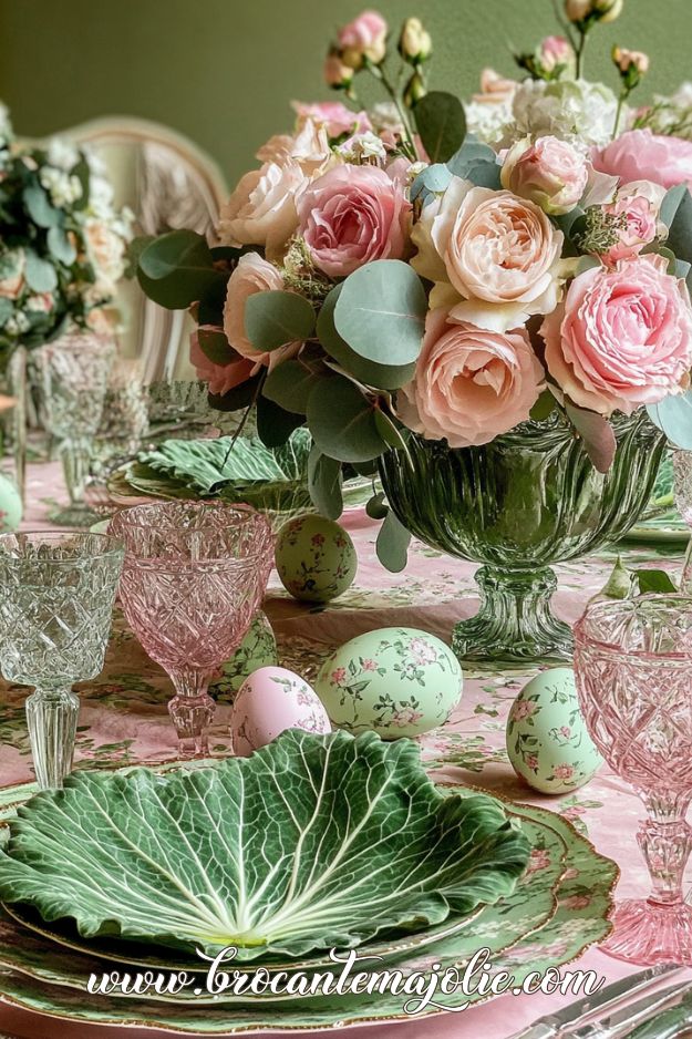 pink and green easter tablescapes