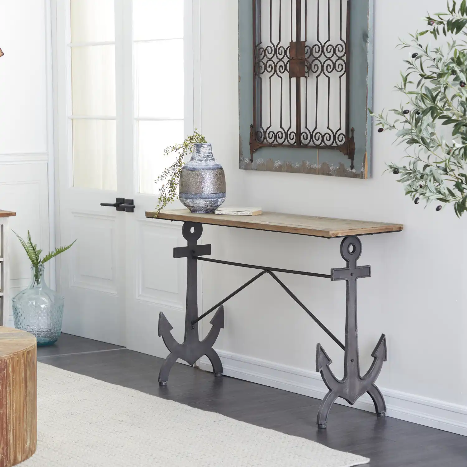 Breakwater Bay Contreras Black Metal Anchor Console Table with Brown Wood Top 48" x 15" x 31" & Reviews | Wayfair