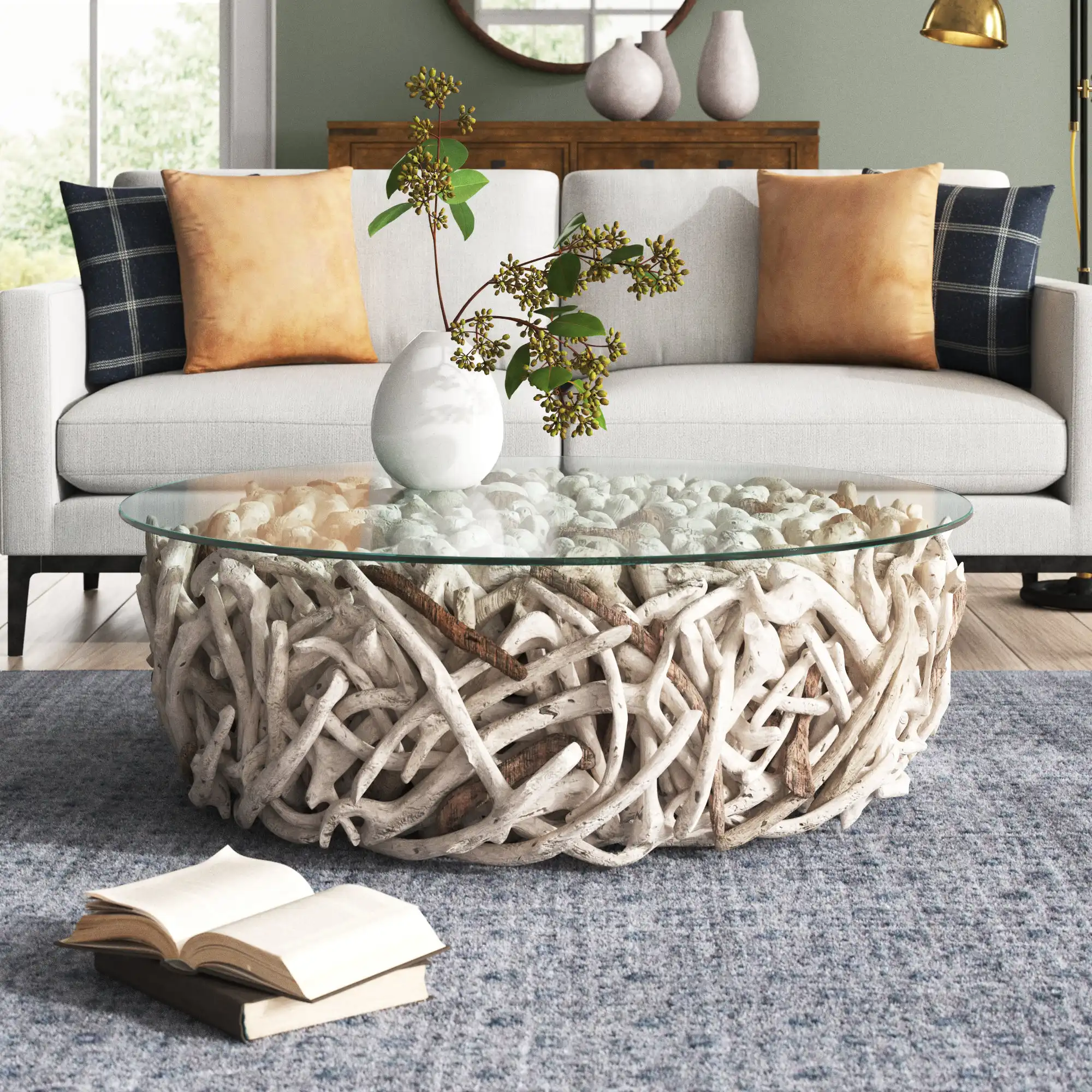 Loon Peak® Driftwood Handmade Stacked Collage Living Room Coffee Table with Tempered Glass Top & Reviews | Wayfair