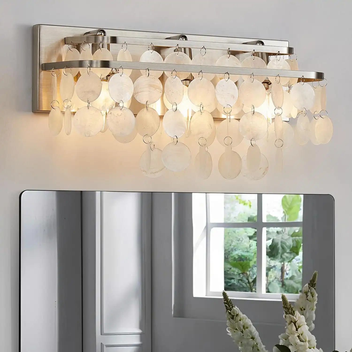 House of Hampton® Veun 3-Light Dimmable Bathroom Vanity Light Natural Capiz Shell Shade Coastal Modern Brushed Nickel | Wayfair