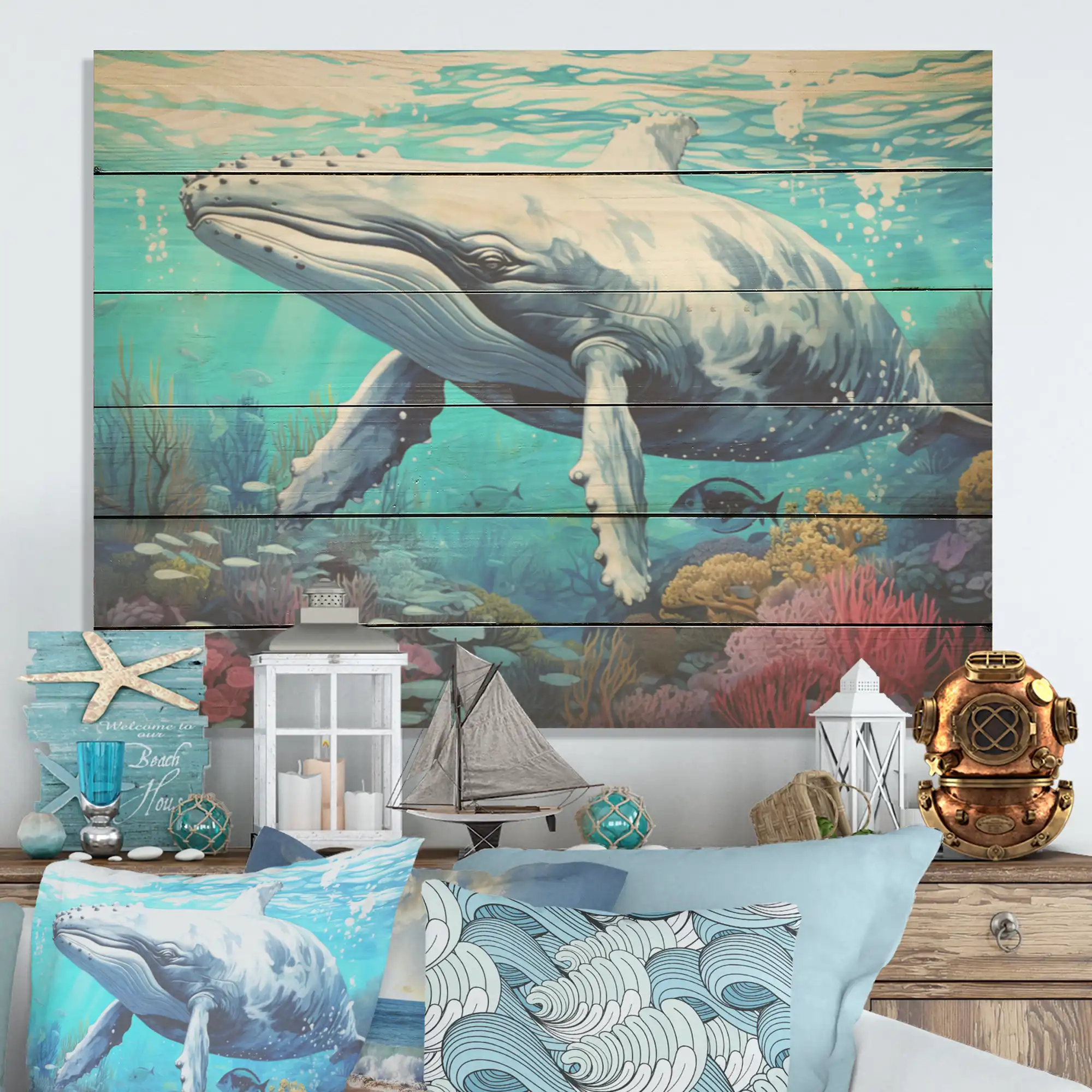 Highland Dunes Wale Tranquility Oasis - Coastal Coral Under Water Wood Wall Art On Natural Pine Wood | Wayfair