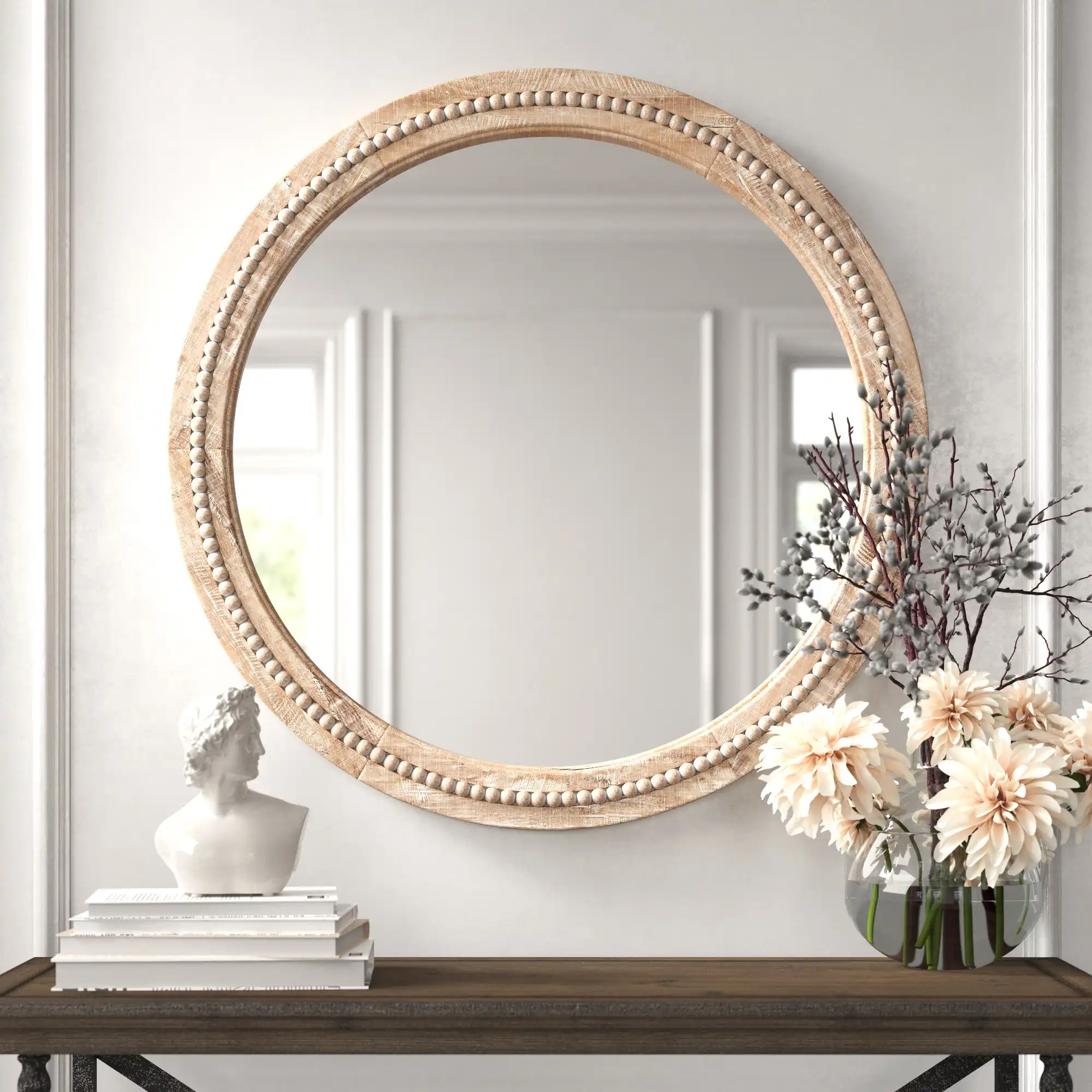 Sand & Stable Wood Distressed Room Wall Mirror with Beaded Detailing & Reviews | Wayfair