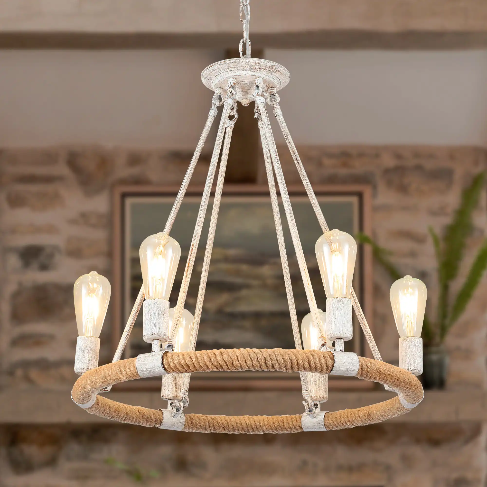 Nhien 6 - Light 23" Wide Wagon Wheel Chandelier with Hemp Rope Accents