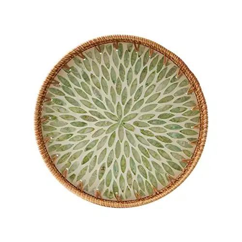 Round Rattan Tray with Mother of Pearl Inlay, Rattan Serving Tray with Wooden Base, Decorative Wicker Basket for Table Decor, Storage and Display of Coffee Bread Food Fruit (Leaf)